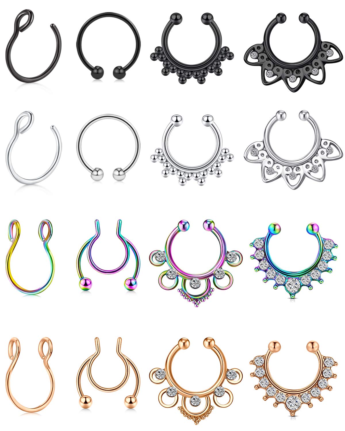 Mayhoop Fake Septum Nose Hoop Rings Stainless Steel Faux Lip Ear Nose Septum Ring Non Piercing Clip On Nose Hoop Rings Body Piercing Jewelry Clear CZ 16PCS