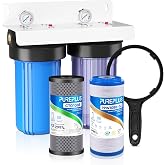 PUREPLUS 2-Stage Whole House Water Filter, Clear Housing, for Well Water | 10"x4.5" Reduces Sediment, Iron &amp; Manganese, Chlorine, Taste, Odor, Pressure Gauges, 1" Inlet/Outlet