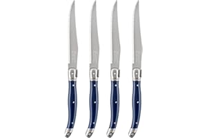 Laguiole 4-Piece Steak Knives (Navy Blue) - Stainless Steel Knives – Smooth Cut Serrated Knife Blade – Dishwasher Safe Steak 