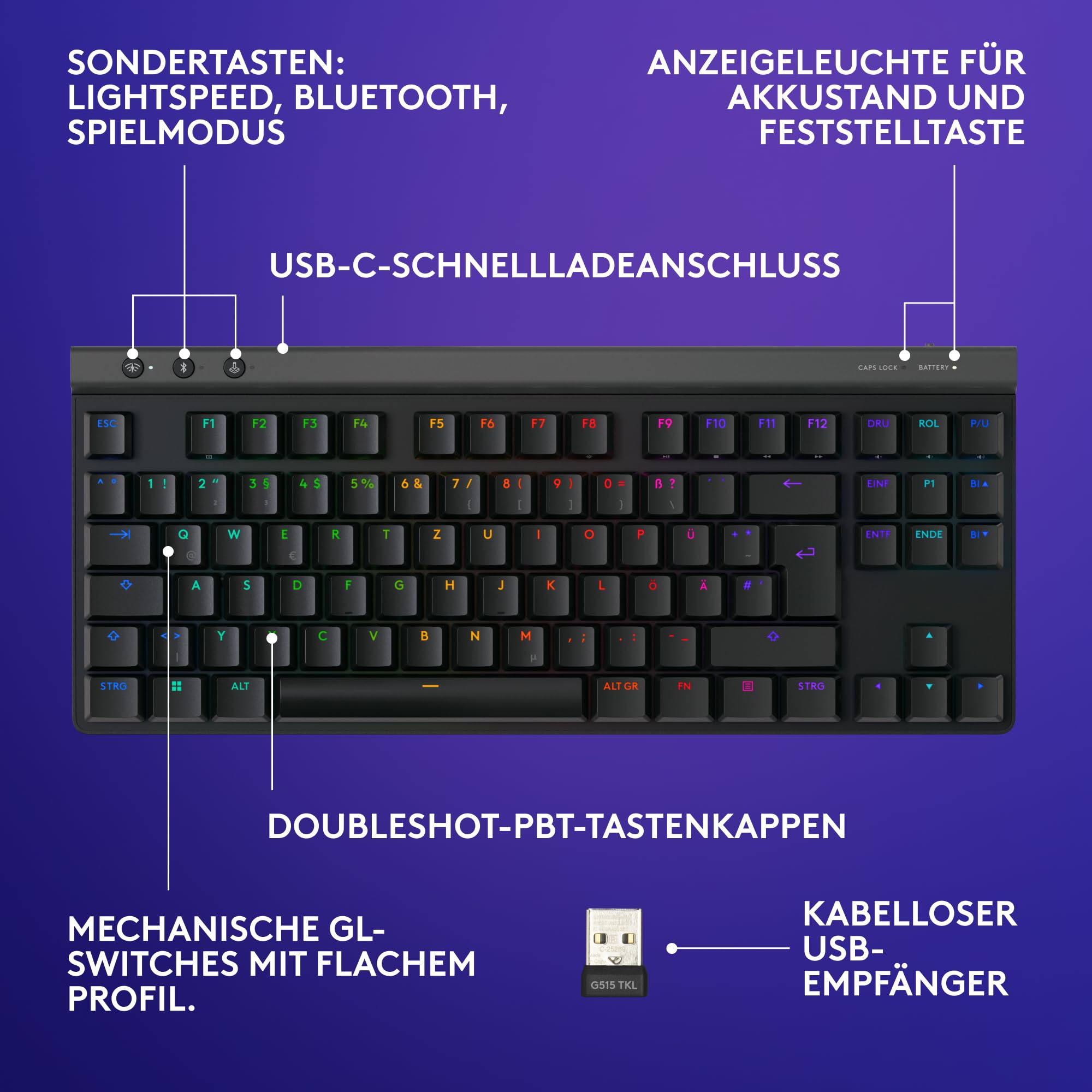 Logitech G G515 Lightspeed TKL kabellose Flache Gaming-Tastatur, LIGHTSYNC RGB, dünnes Profil ohne Ziffernblock, PBT-Tastenkappen, taktile mechanische Switches, Deutsches QWERTZ-Layout - Schwarz 6