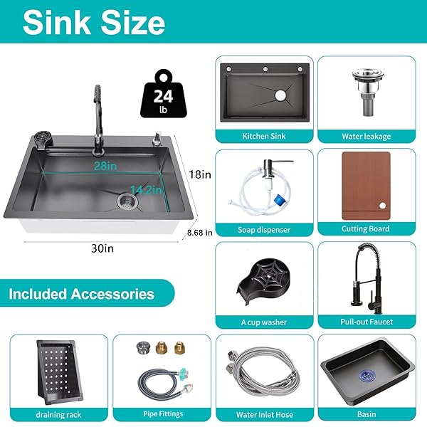 30 X 18 INCH KITCHEN SINK, SINGLE BOWL STAINLESS STEEL SINK MULTIFUNCTIONAL DROP IN SINK WITH PULL-DOWN FAUCET AND MULTIPLE ACCESSORIES (30 * 18 INCH)