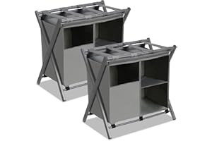 Heybly Luggage Rack with Laundry Bag, Pack of 2, Steel Folding Suitcase Stand with Storage Shelf for Bedroom, Hotel, Foldable Steel Frame, Gray HLR006G2