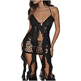 OYOANGLE Women's Lace Sheer Crop Halter Tops Ruffle Asymmetrical Hem Backless Y2k Cami Tops