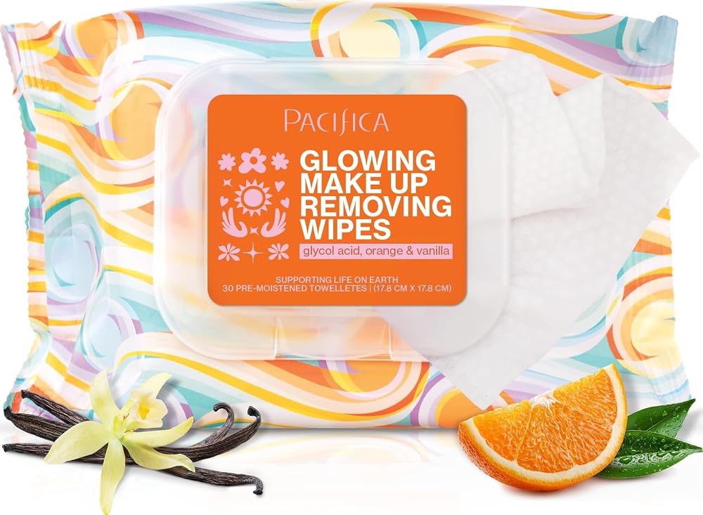 Pacifica, Glowing Makeup Remover Wipes - with Glycolic Acid for AHA Exfoliating and Facial Cleansing - No Rinse Face Cleaning