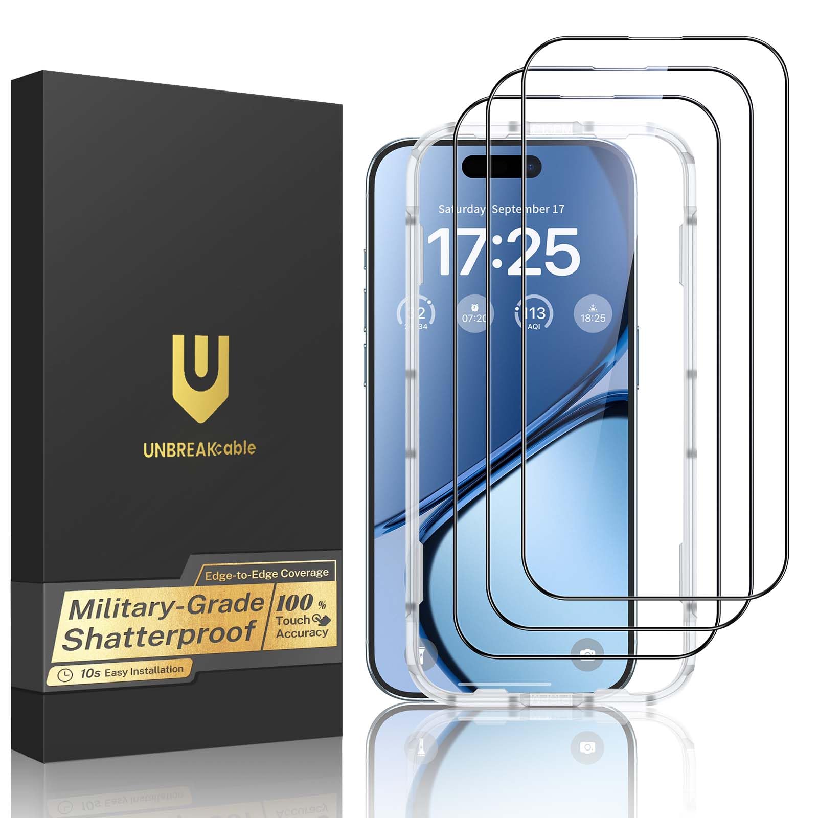 Photo 1 of UNBREAKcable 3-Pack Screen Protector for iPhone 15, Double Shatterproof Tempered Glass [Easy Installation Frame] [99.99% HD Clear] [9H Hardness] [Full Coverage] [Case Friendly] for Apple 15 6.1 inch