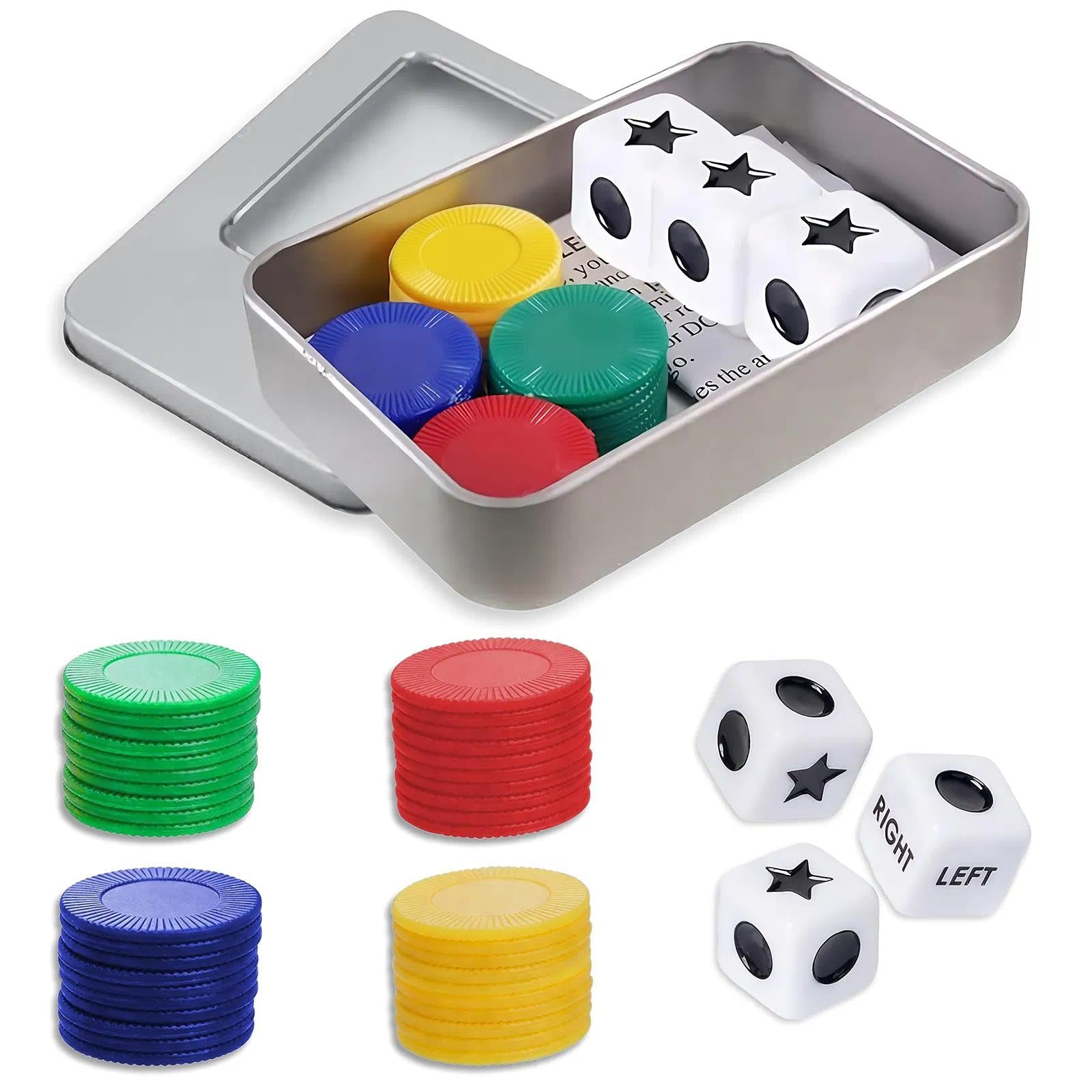 Lobaake 44 Pieces Left Right Centre Dice Game Set-40 Chips, 3 Dice and a Storage Box-Dice Games for Adults for Festive Gatherings, Pubs, Board Games Sessions, Camping, And Picnics
