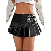 OYOANGLE Women's Pu Leather Buckled Mini Skirts Low Waist Pleated A Line Short Skirt