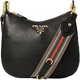 Prada Vitello Phenix Black Leather Crossbody Bag with Web Stripe Strap Gold-Tone Hardware Adjustable Shoulder Strap Zip Top Interior Pockets Italian New