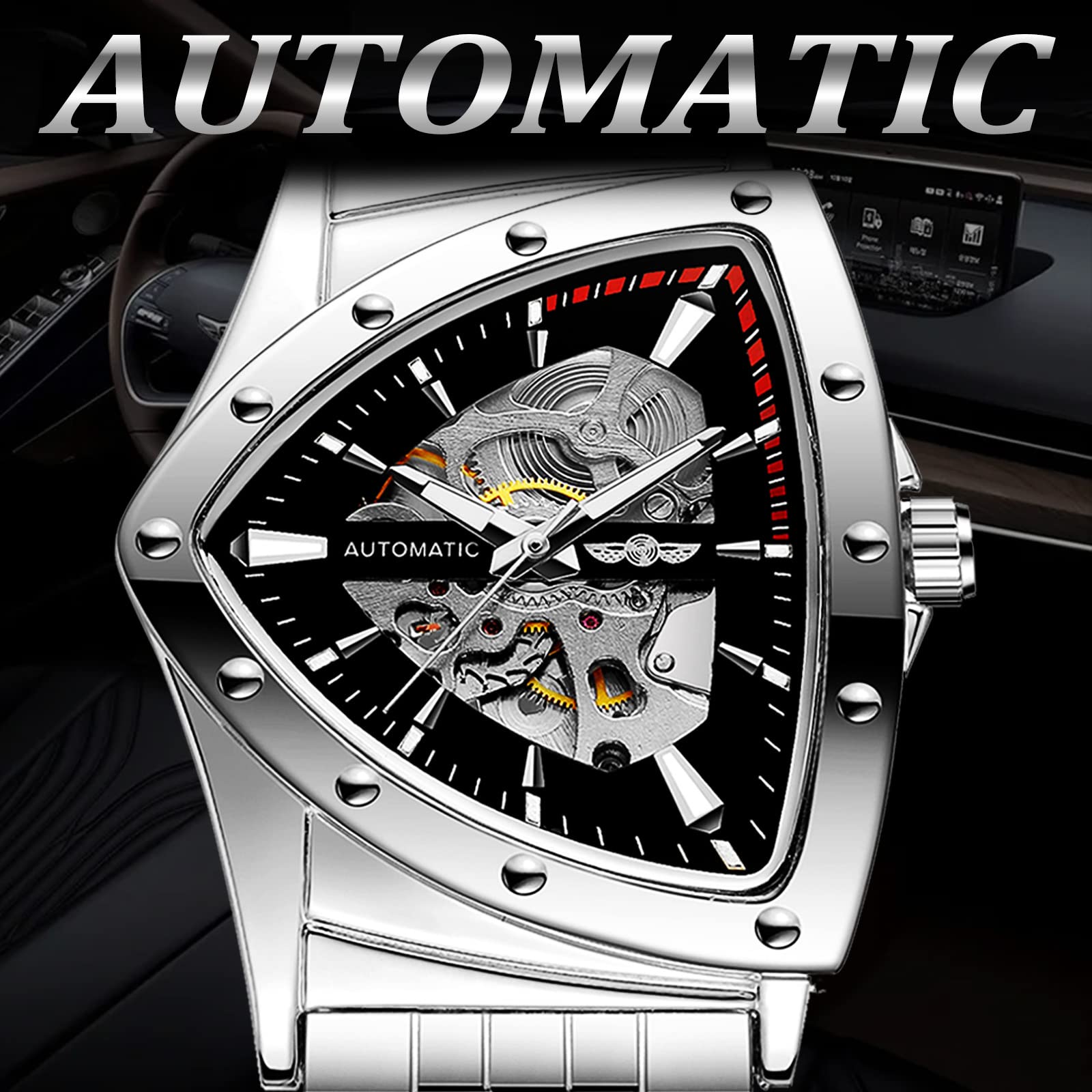 FORSINING Triangle Skelett Herren Automatische Mechanische Uhr Luxus Gold Schwarz Edelstahl Uhren Wasserdicht Leuchtende Sport Armbanduhr, Silber / Schwarz, Modern