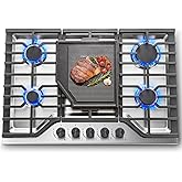 SNDOAS 30 Inch Gas Cooktop, 5 SABAF Burners 47400 BTU Built-in Gas Stove Top with 22000 BTU Triple Ring Wok Burner, Cast Iron Griddle, Stainless Steel Top, NG/LPG Convertible, Knob Control