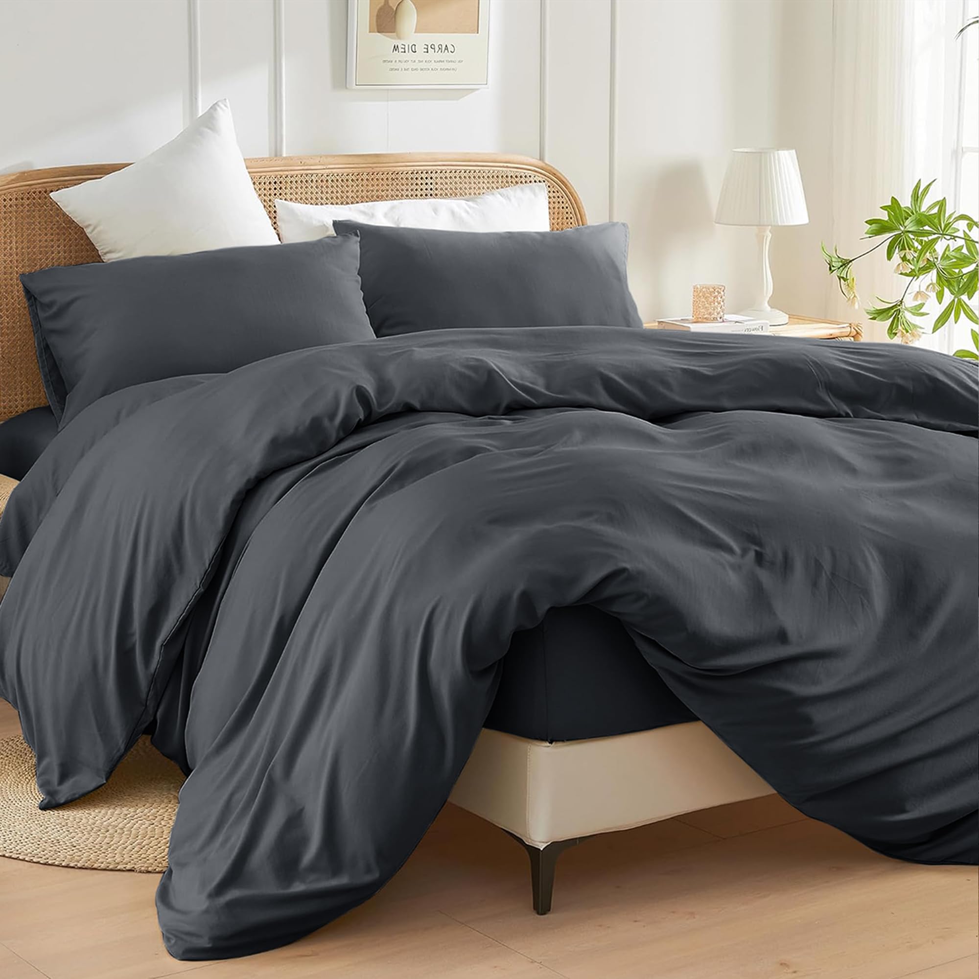 SSW HOMES Super King Size Duvet Cover Set (Charcoal) - 3 Pcs Brushed Microfiber Plain Dyed Quilt Cover - Bedding Set with Button Closure Include 1 Duvet Cover & 2 Pillowcases