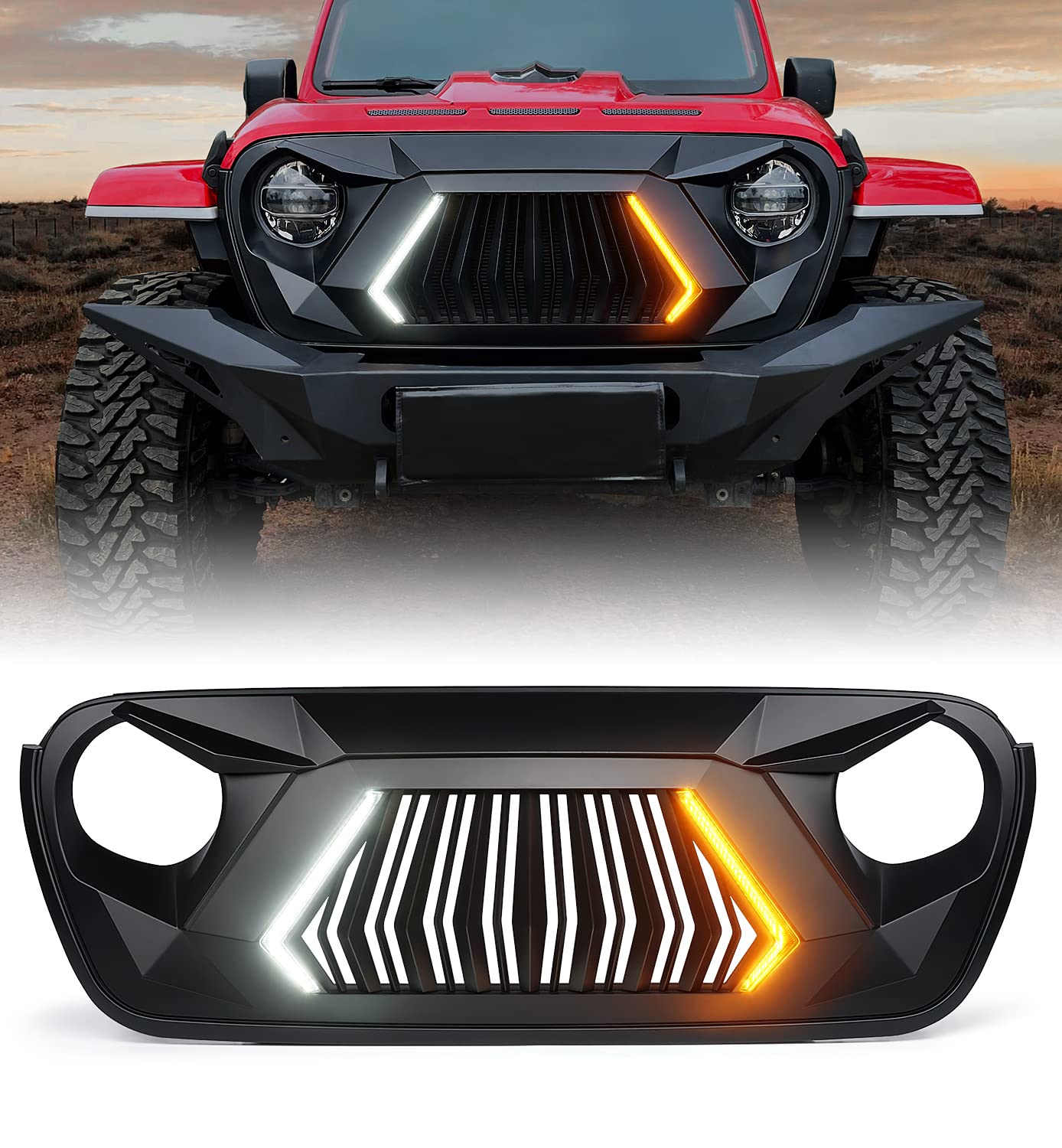 Xprite Front Grill w/LED Light Include Running, Turn Signals, Unique Patented Design Compatible with 2018-2026 Jeep Wrangler JL JLU & 2020+ Gladiator JT，Matte Black Image