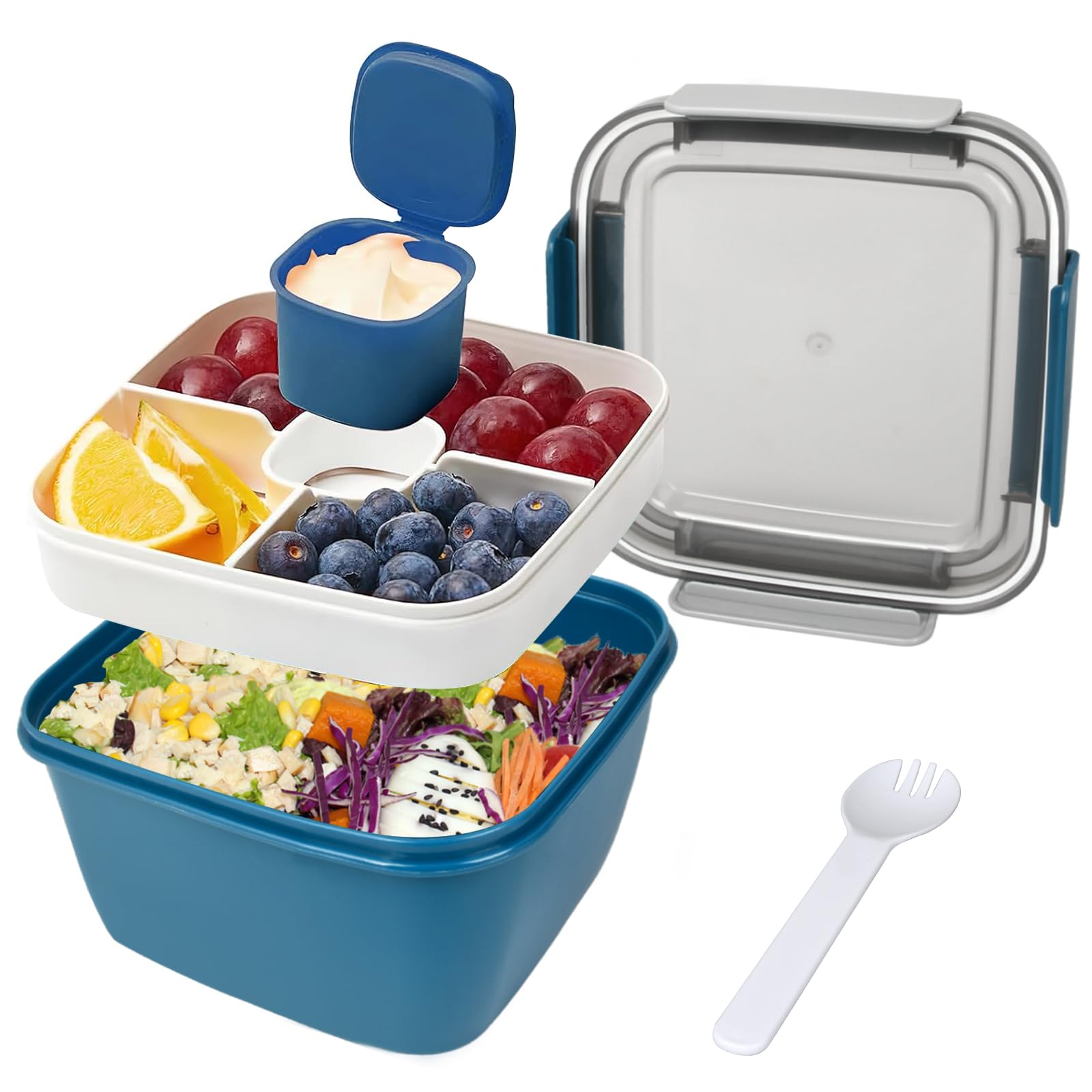 SEGNAYEN Salad Lunch Box, 1500ml Large Salad Container, Meal Prep Salad Bowl Boxes with Lid, 5-Compartment Tray, Dressing Pot, Cutlery, Lid for Adult Packed Fruit Snacks, Blue