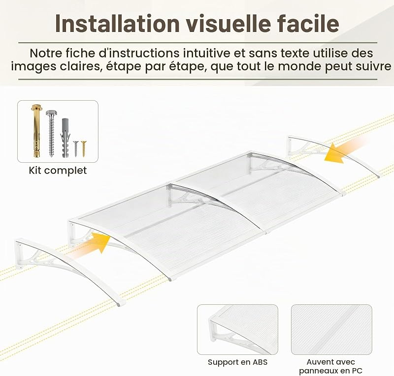 Auvent de Porte d’Entrée 100 × 300 cm, Marquise en Polycarbonate Transparent, Toit de Protection Résistant Contre la Pluie et Les Rayons UV, Gris pour Maison et Entrée