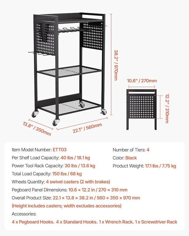 Carrello Portautensili a 4 Ripiani, Capacità di Carico 68 kg Carrello Porta Attrezzi con Ruote per Trapano e Rastrelliera di Stoccaggio Stabile, per Impieghi Gravosi per Officina, Garage, Nero
