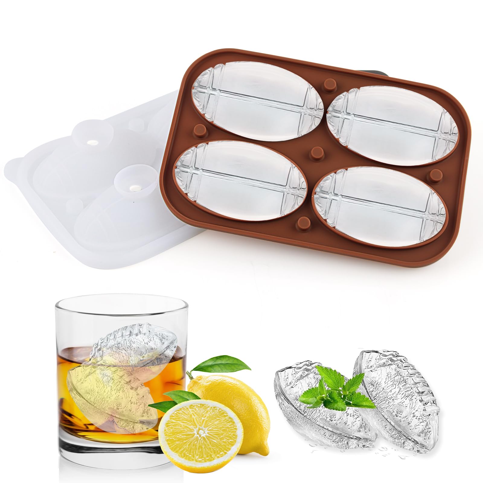 SilverChry Ice Ball Mould, Round Ice Cube Tray, Ice Cube Tray with Lid and Funnel, BPA Free, Stackable, for Cocktail, Whiskey, Juice (Rugby Brown)