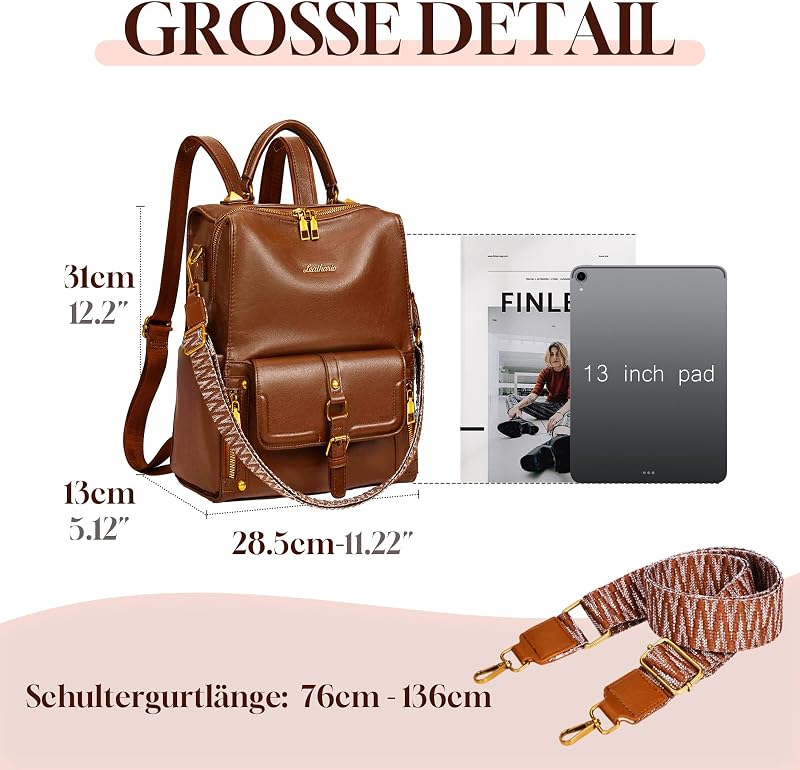 Rucksack Damen Wasserdicht,Diebstahlsicherer Cityrucksack,Veganes Leder Rucksack,eleganter Tagesrucksack,Leichte Rucksackhandtasche für Alltag,Pendeln,Büro,Uni und Reisen