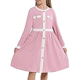 Girls Color Block Long Sleeve Dresses Ribbed Knit Button Front Pleated A-Line Dresses 5-12Y