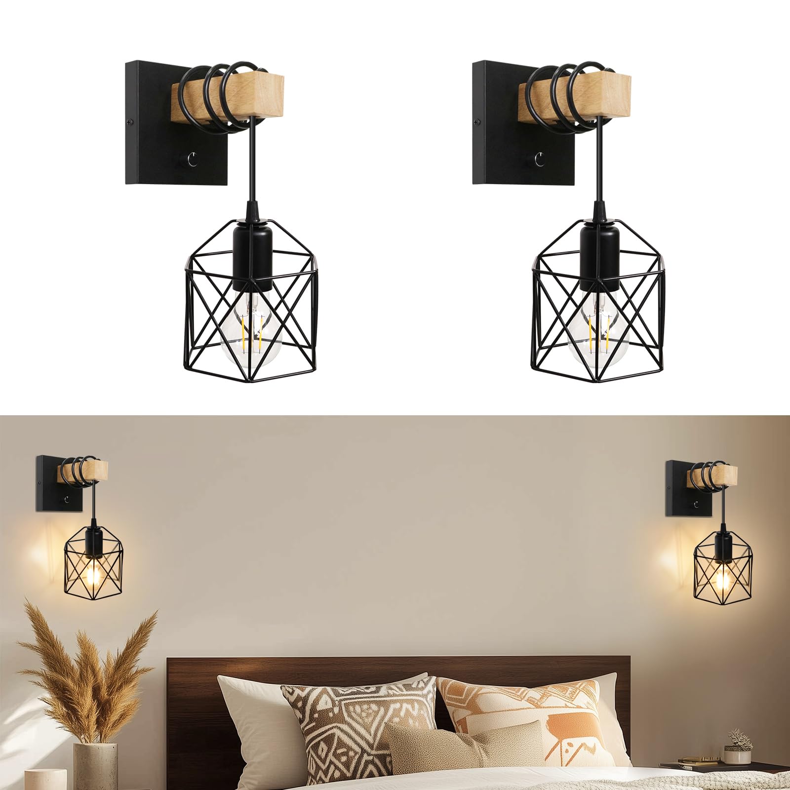 Photo 1 of blusun Black Wall Sconce, Industrial Wall Sconces Set of 2 with Dimmer ON/Off Switch, Farmhouse Dimmable Walls Mount Lamp Hanging Light with Metal Cage Shade for Kitchen Living Room Bedroom