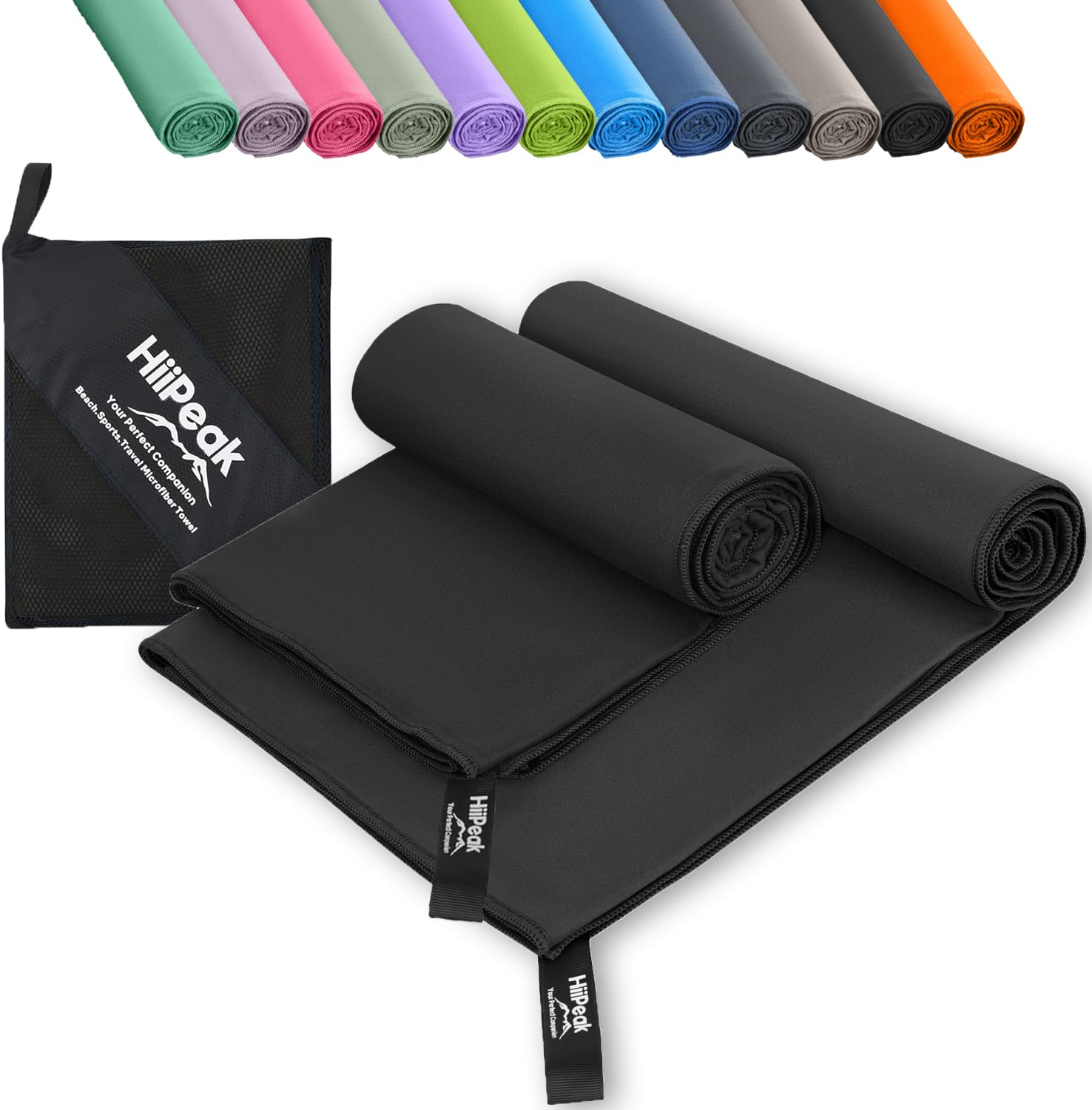 HiiPeak Microfibre Towel 2 pack（160x80cm+80x40cm） Compact Camping Beach Towel - Quick Dry Ultra Lightweight Absorbent Sports Gym Yoga Swimming Hiking Drying Towel for Men,Women (Black-2pcs)