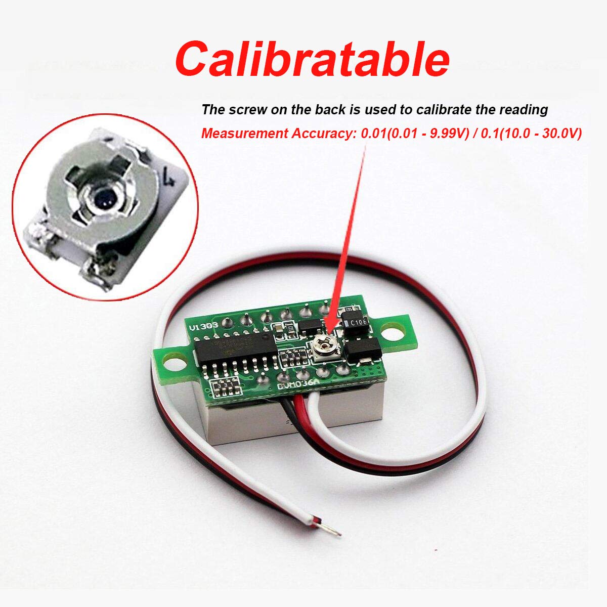 bayite Pack of 5 Three-Wire Calibratable DC 0~30V Red Digital Mini Voltmeter Gauge Tester Mount Car Motorcycle Battery Monitor Volt Voltage Meter 0.36