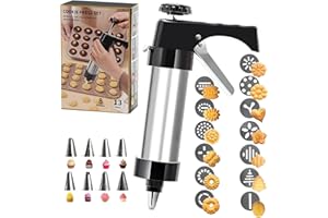Stainless Steel Cookie Press Gun Kit – DIY Cake Decorating & Baking Supplies Set with 13 Discs & 8 Icing Tips, Multifunctiona