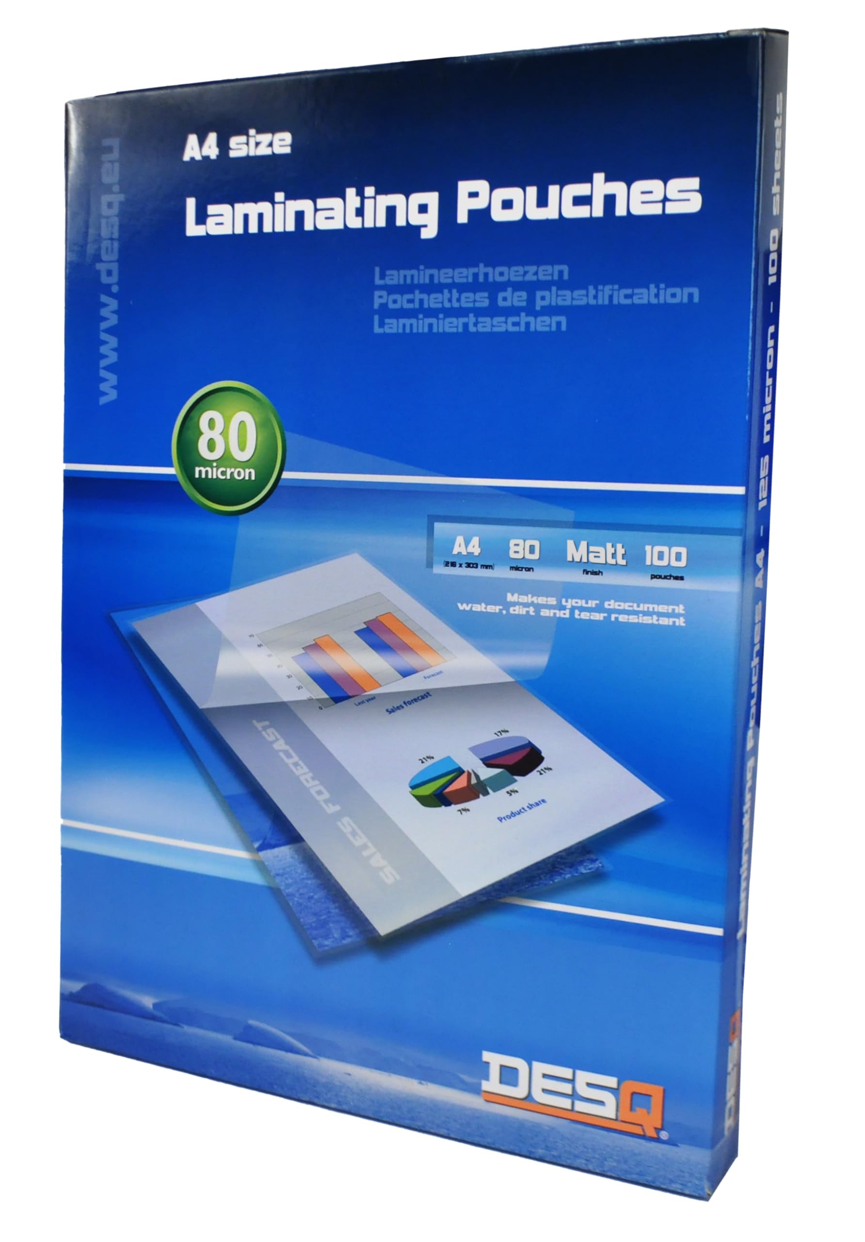 DESQ® A4 80 Micron Matte Laminating Pouches with Rounded Corners - Pack of 100-216 x 303mm Premium