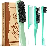 Boar Bristle Slick Back Hair Brush for Smooth Flyaways, Frizz, Sleek Ponytail, Buns and Edge Baby Hair | Edge Brush, Teasing Brush Rat Tail Comb Styling Accessories for Girls, Kids, Women &amp; Men(Green)