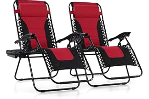 PHI VILLA Set of 2 Padded Zero Gravity Lounge Chair Oversized Folding Patio Recliner with Adjustable Headrest & Cup Holder, Support 350 LBS(Red)