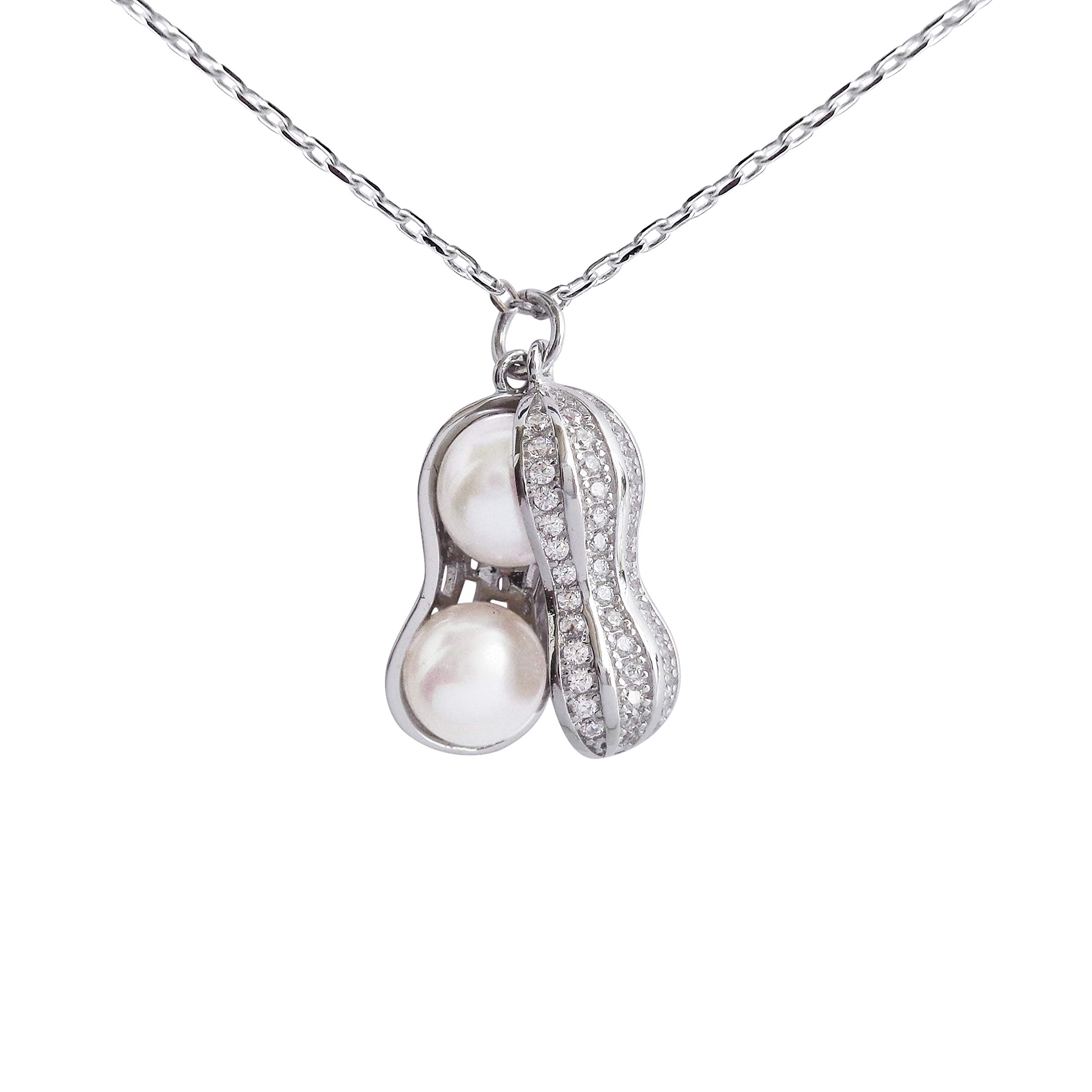 Hiqmic 925 Sterling Silver Cute Peanut Pearl Pendant Necklace White Gold Plated Jewelry Gifts for Women 16", WA99055-Silver