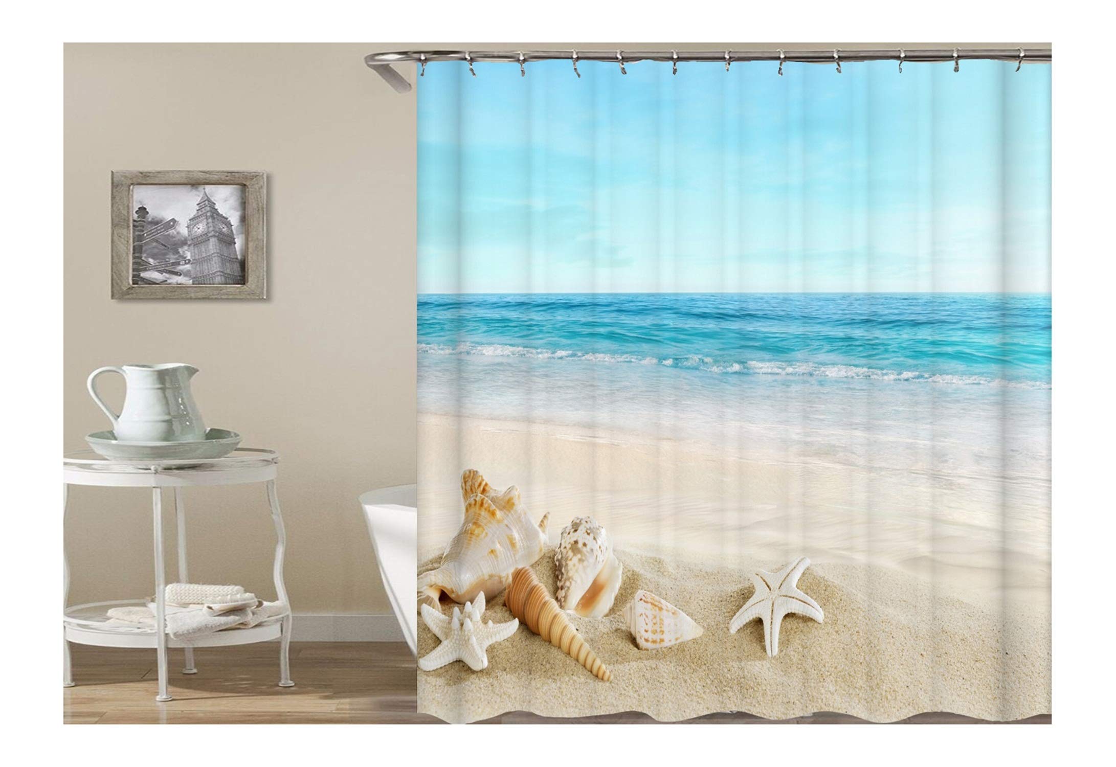 AmDxD Polyester Shower Curtain Colorful Beach, Waves, Star Conch Showercurtain Size 90X180CM