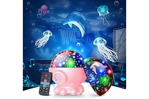 DOFLER Ocean Star Dinosaur Night Light for Kids - 360° Rotation, Remote, Timer, 17 Modes, 9 Songs, Pink