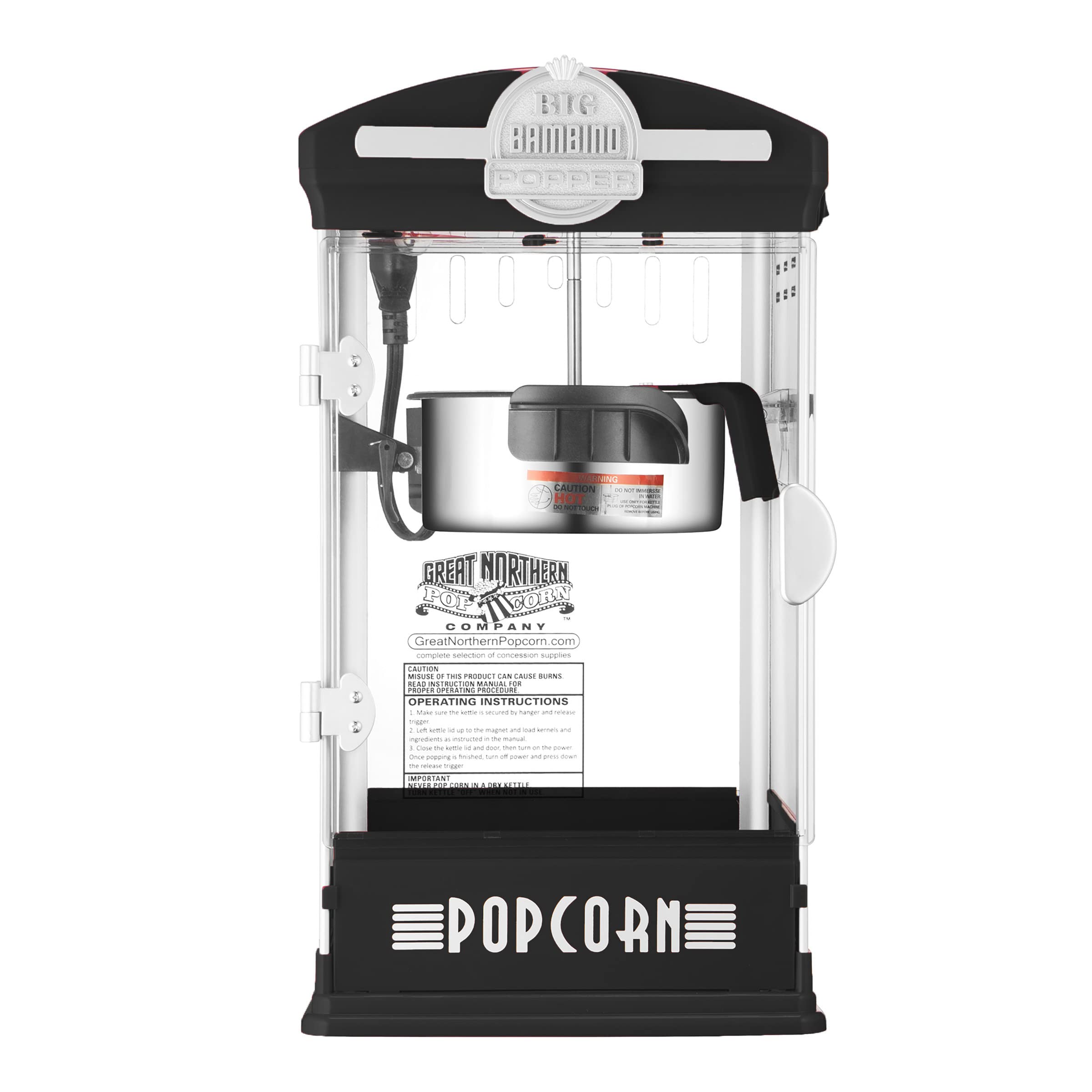 Popcorn Machine - Big Bambino Old-Fashioned Popper with 4-Ounce Kettle, Measuring Cups, Scoop, and Serving Cups by Great Northern Popcorn (Black)