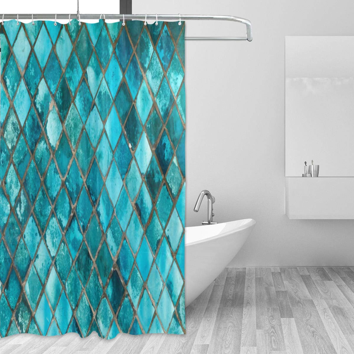 ALAZA Shower Curtain, Turquoise Blue Plaid Bathroom Waterproof Polyester Curtains Accessories With Hooks For Home Decorative (183cm x 183xm)