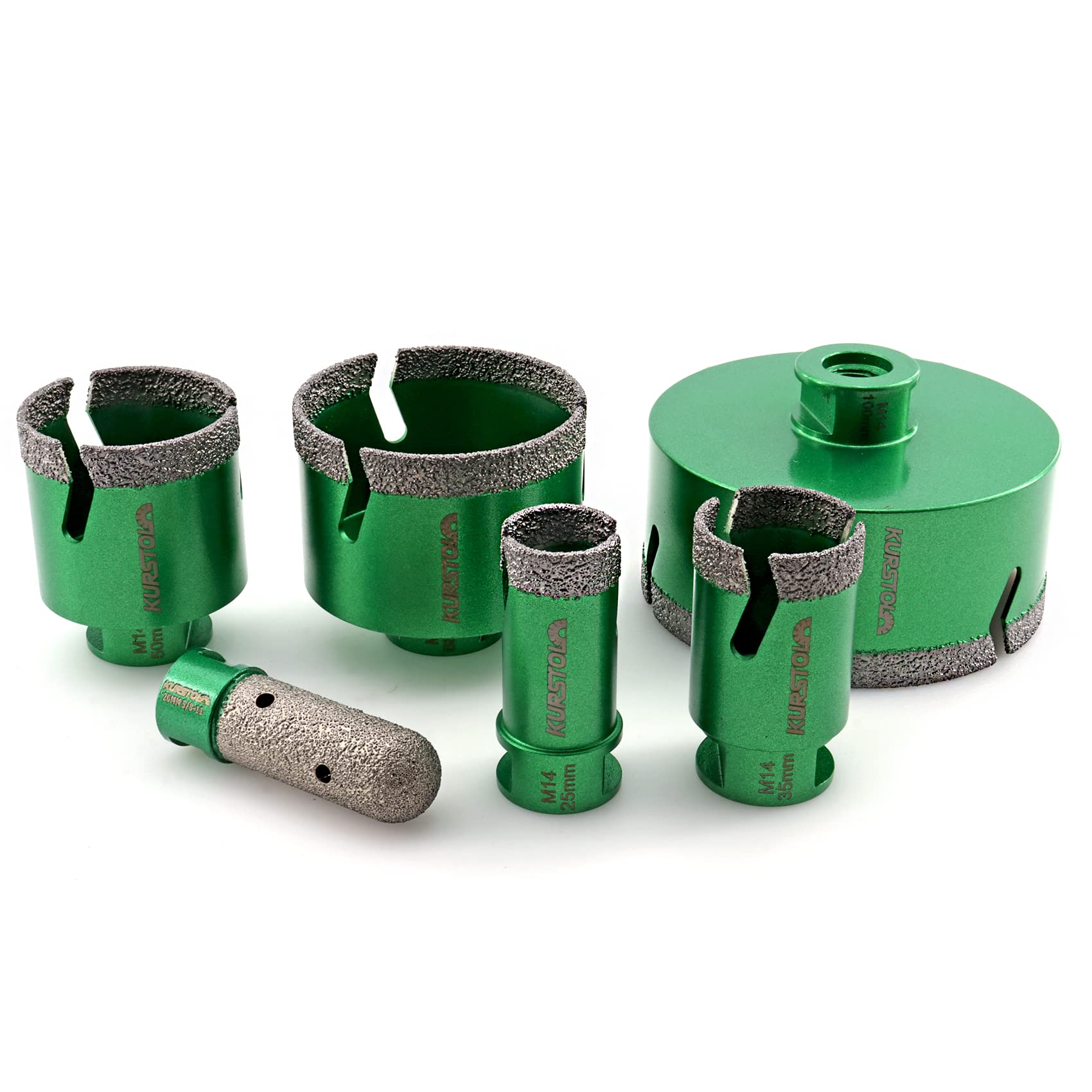 KURSTOL Tile Hole Saw Set - 5pcs Diamond Core Drill Bits 25/35/50/68/100mm 1pc Diamond Milling Bit 20mm M14 thread for Enlarging Shaping Porcelain Ceramic Tile Granite Marble Angle Grinder