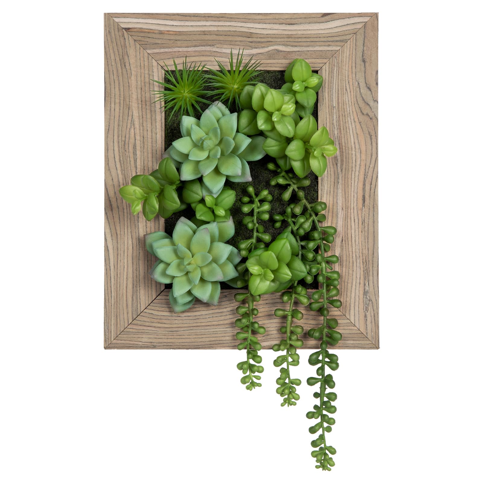 Oairse Fake Plants Succulents 3D Artificial Wall Hanging Plants Indoor Faux Succulent Arrangement in Wooden Planter for Home Farmhouse Kitchen Console Table Wall Decoration