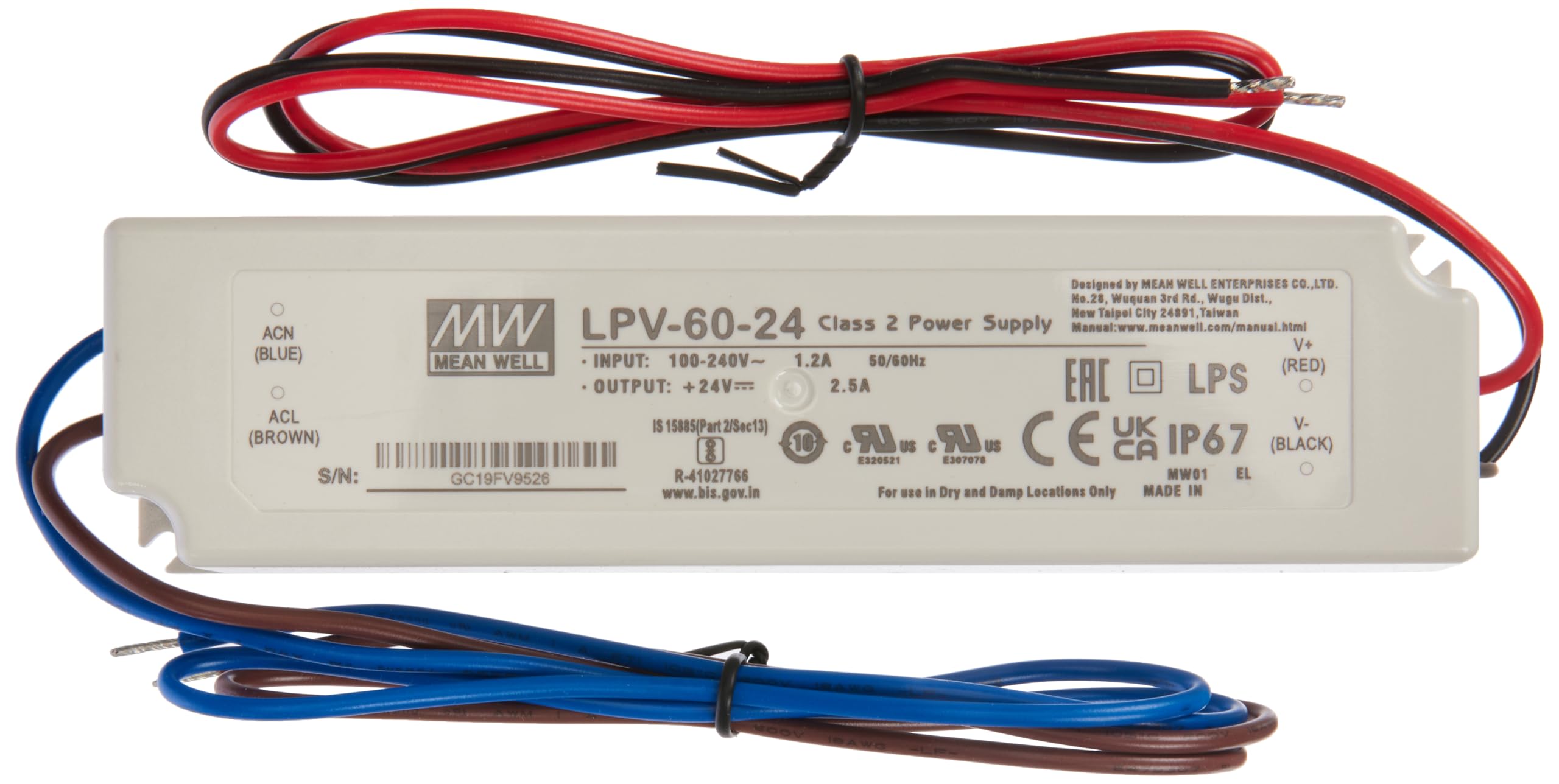 MeanWell, LPV-60-24 LED Power Supply, 60 W, 24 V, 2.5 A, Switching Power Supply