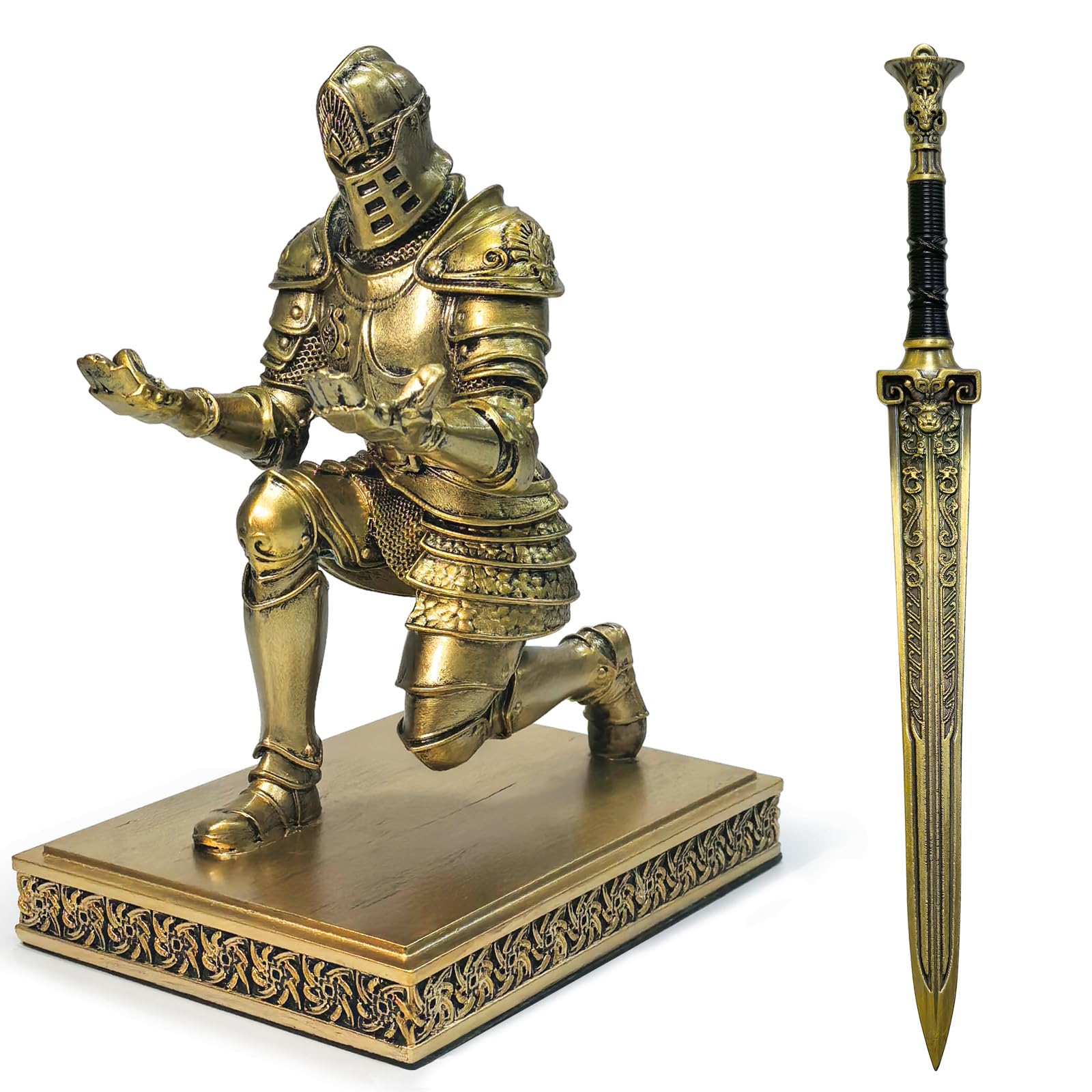 Photo 1 of ***MAJOR DAMAGE***
Knight Pencil Holder with Letter Opener for Desk Storage Funny Paperweight Gadgets Office Pen Display for Men Mobile Phone Stand Medieval Statue Home Desktop Shelf Ornament Dad Teacher Gifts -Gold