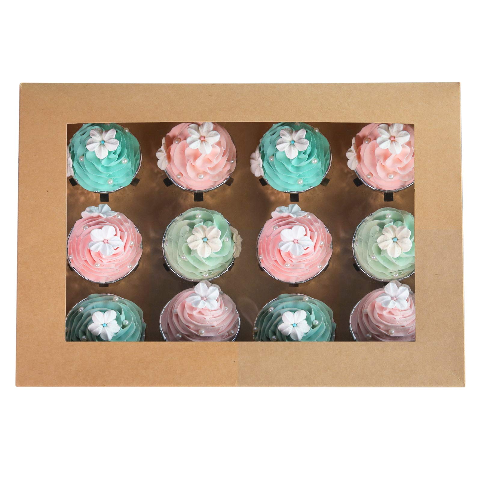 ONE MORE [15-Packs] Brown Cupcake Boxes 12 Holders, Cake Carrier Food Grade Kraft Pop-up Bakery Boxes 13.8 x 9.5 x 4inch with Inserts and PVC Windows Fits 12 Cavity Cupcake or Muffins