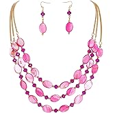 Firstmeet 3-Layer Mother of Pearl Beads Necklace with Earrings Oval Beads Pendant Jewelry for Women