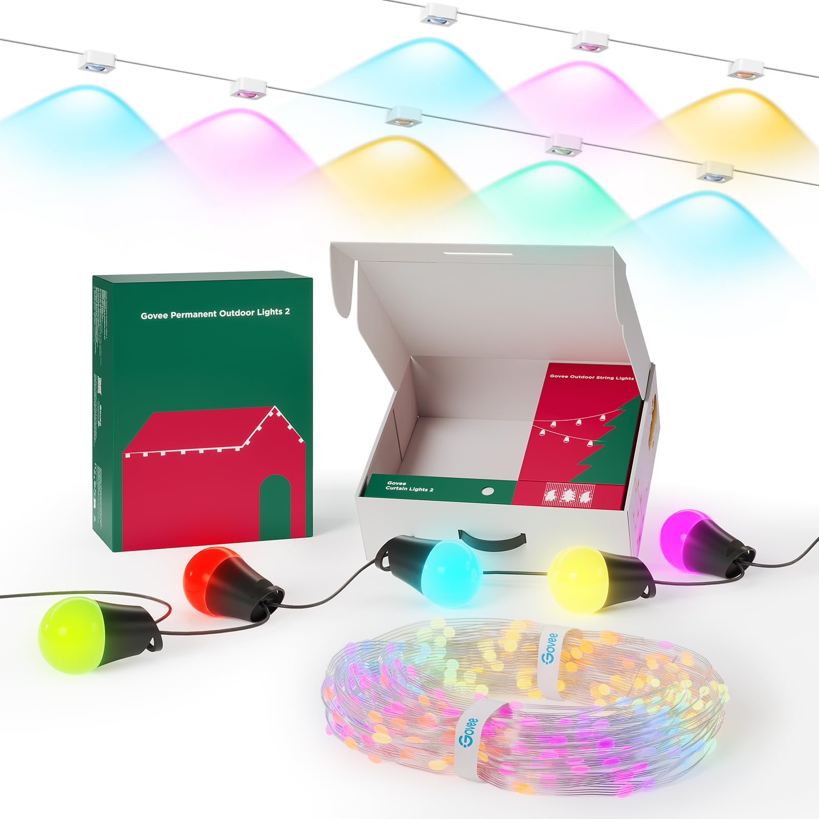 Govee 100ft Permanent Outdoor Lights, 96ft String Lights, 9×6.6ft Curtain Lights, Holiday Set for Outdoor Decor, Smart LED Works with Alexa, Google Assistant, IP65 Waterproof for Yard, Patio