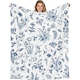Giwawa Blue Floral Throw Blanket Toile Patterned Blanket Flower White and Blue Blanket Decorative for Home Bed Sofa Couch Chair 50" x 60"