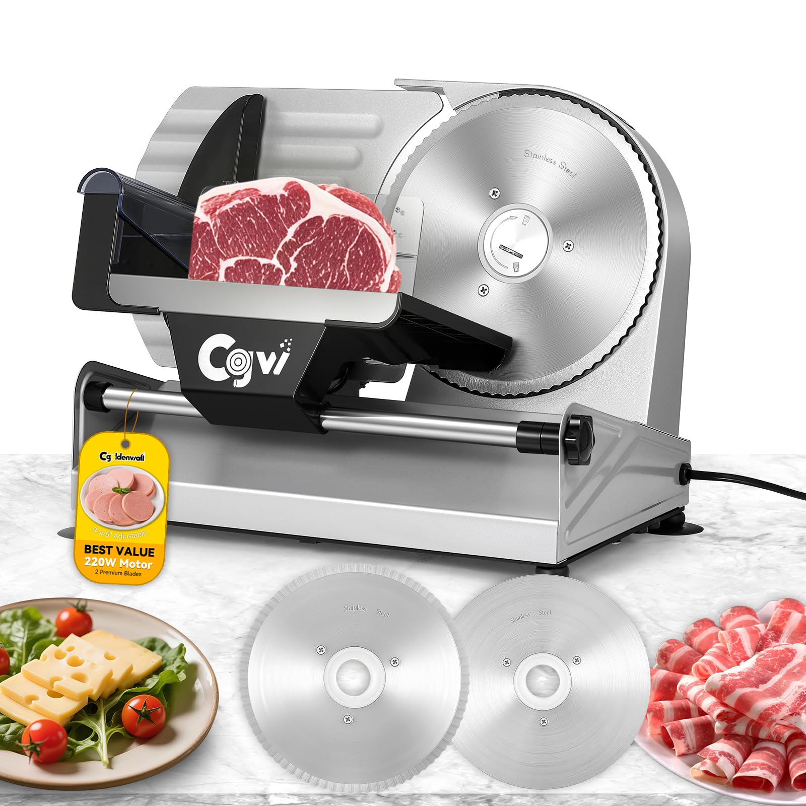 Photo 1 of CGOLDENWALL Meat Slicer, 220W Electric Deil Food Slicer with 2 Removable 7.5" Blades, 4/5" Adjustable Thickness, Food Slicer Machine for Home Cutting Meat Cheese Bread Vegetables, 110V CE