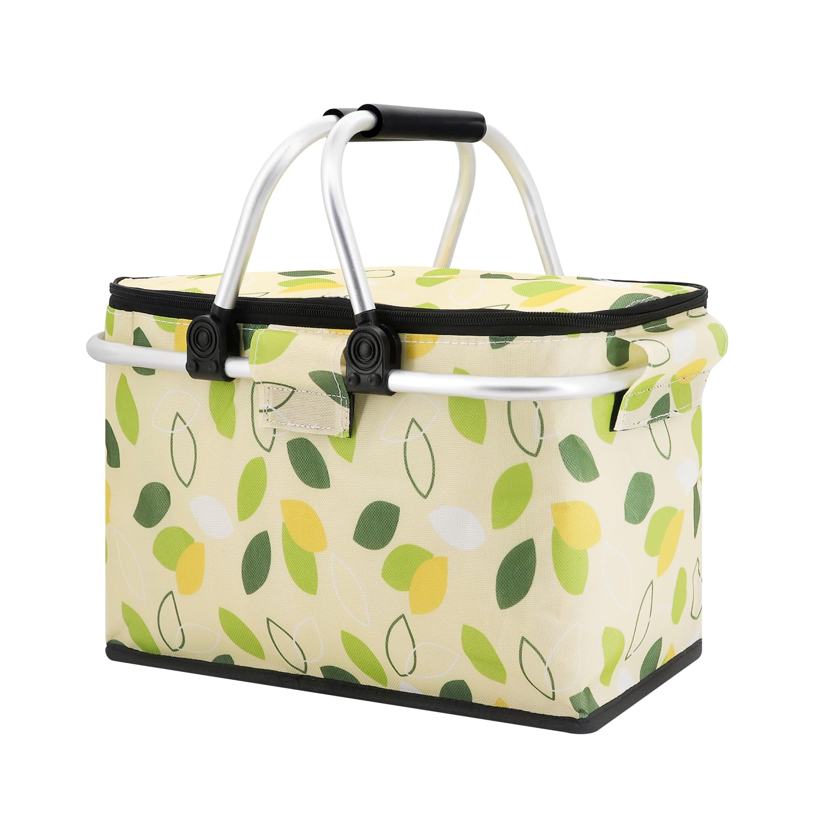 MoYouno Insulated Cooler Bag-Folding Picnic Basket with Handle，Waterproof Lining - Collapsible Designfor Camping, Trips, Shopping, Outdoor Activities (Green leaves)
