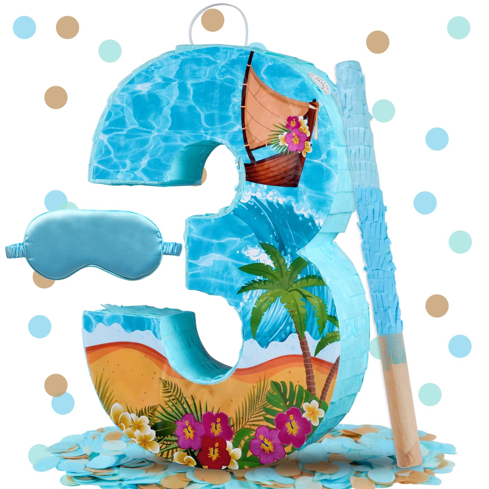 Photo 1 of Blue Sea Number 3 Pinata, 16 Inch Hawaii Beach Theme Piñata for 3rd Birthday Party Decorations with Stick, Blindfold and Confetti (Blue Sea 3 Pinata)