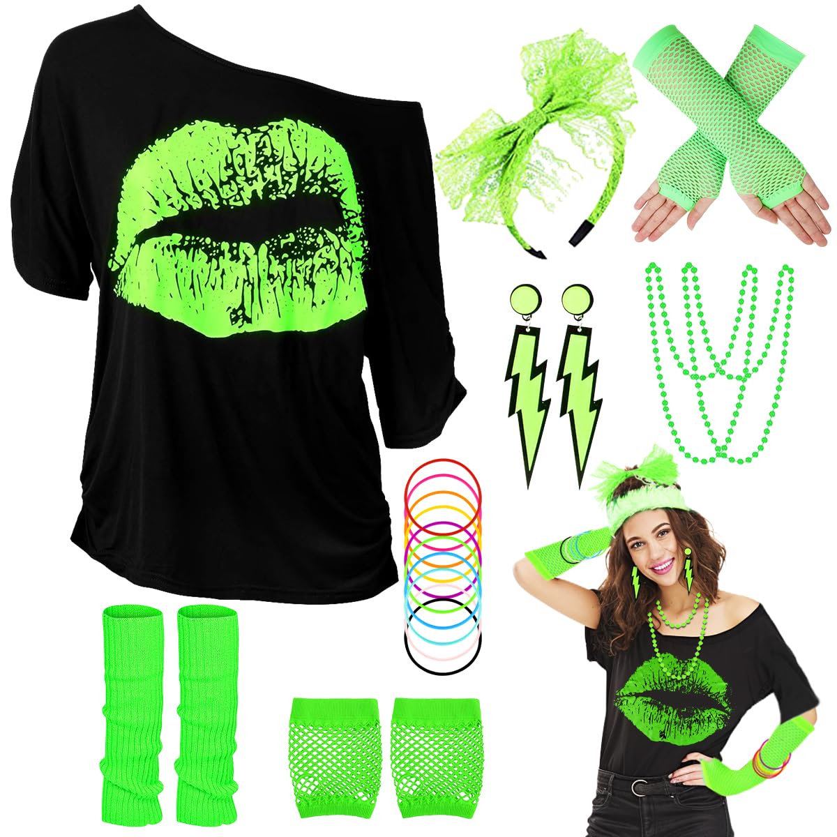 WILDPARTY 80s Fancy Costume For Women, Lip Print T-shirt, Leg Warmers, Necklace, Fishnet Gloves, Earrings, Neon Costumes Accessories for Retro Theme Party Cosplay — image 1