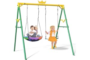 Yohood Swing Sets for Backyard, 440lbs 2 Seat Outdoor Swing Set for Kids, 1 Saucer Swing Seat and 1 Belt Swing Seat with Heavy Duty Metal A-Frame and Adjustable Ropes for Playground, Park (Green)