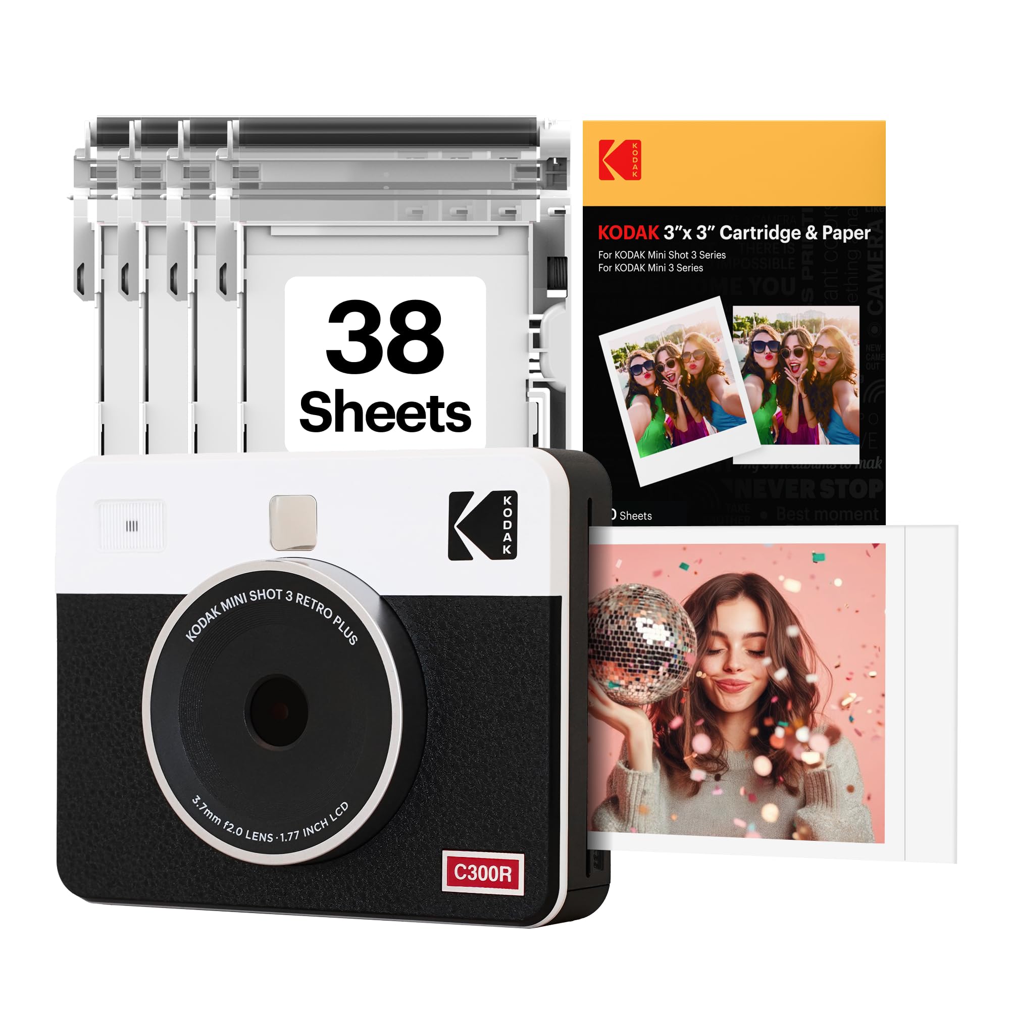 KODAK Mini Shot 3 Retro 3x3 Cámara digital instantánea e impresora fotográfica, 38 hojas, cámara de impresión portátil 2 en 1, impresora para teléfono inteligente Bluetooth para iOS y Android, sublimación de tinte 4PASS, blanco