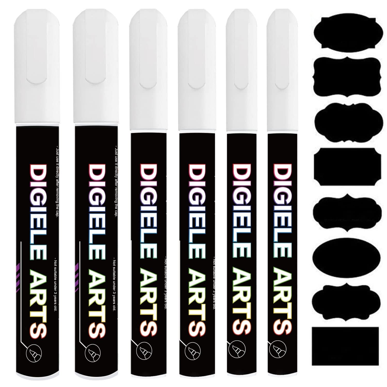 DIGIELE White Chalk Pens, 1mm / 3mm / 6mm Tip Liquid Chalk Markers, Dry or Wet Wipe Erase Pen for Window, Glass, Mirror, Blackboard & Other Non-Porous Surfaces, Pack of 6 Pens + 16 Chalkboard Labels
