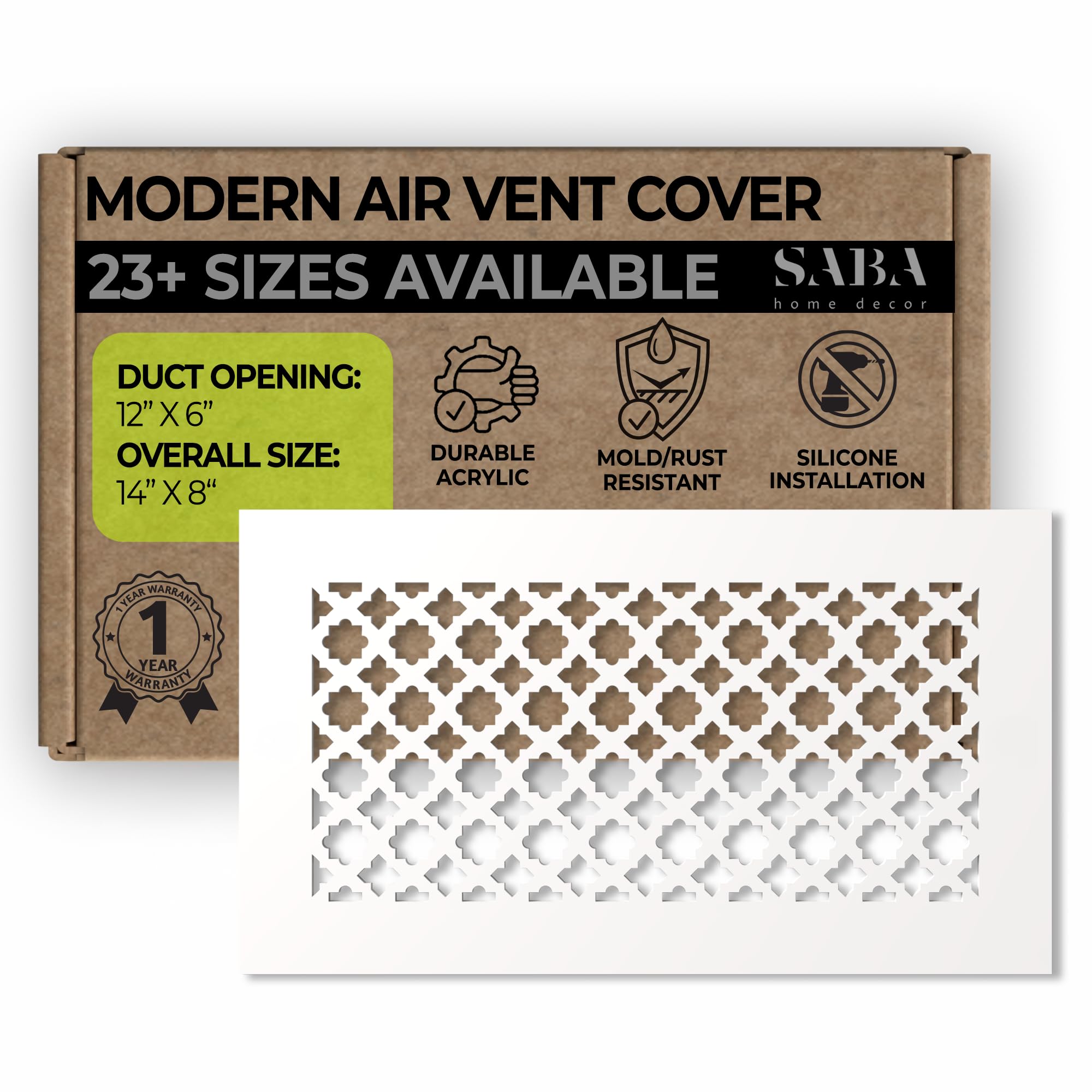 SABA Home Decor Air Vent Cover Grille - Acrylic Plexiglass 6 x 12 Duct Opening, 8 x 14 Overall White Finish Decorative Covers for Walls & Ceilings NOT for Floor USE, Venetian